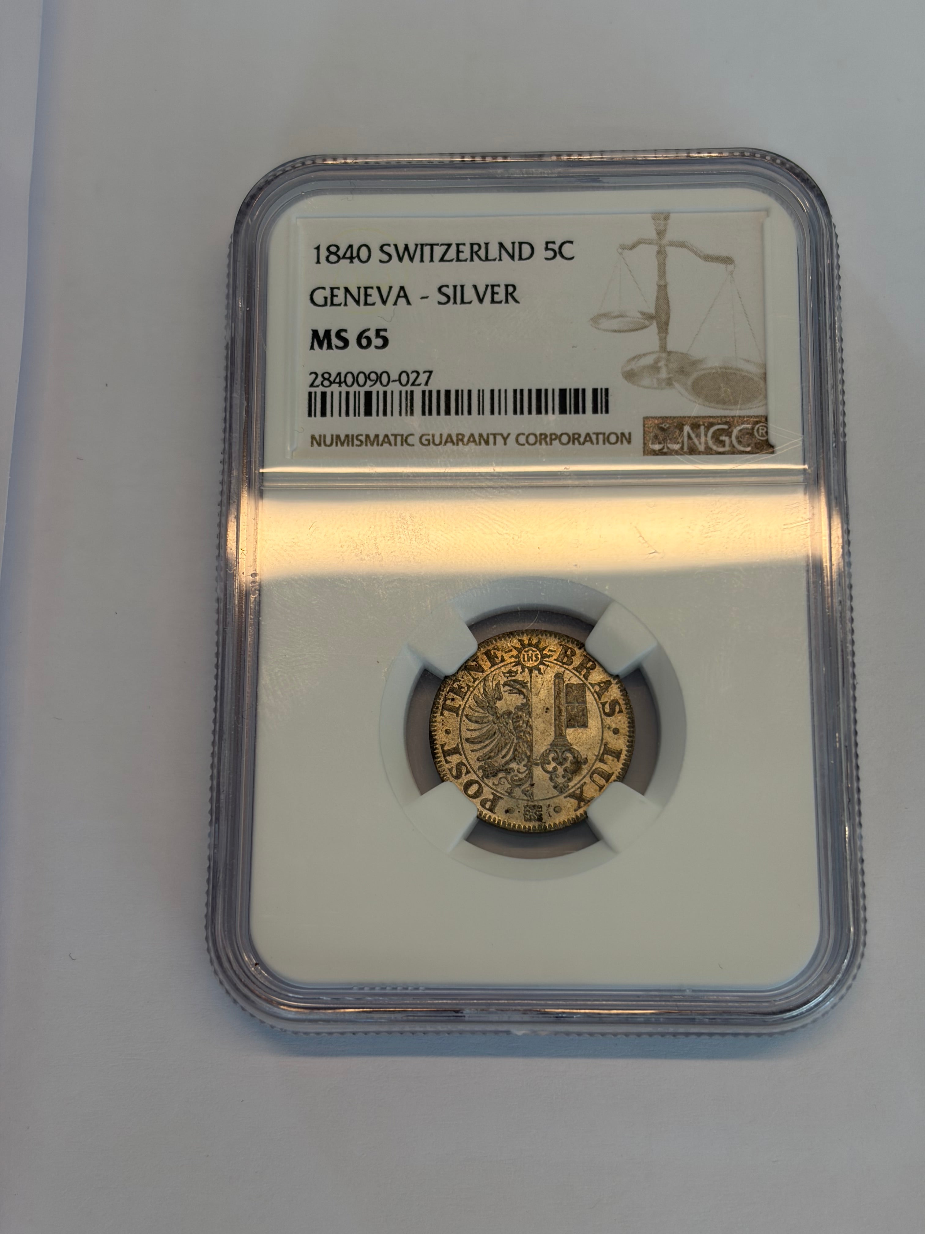 Schweiz Genf 5 Centimes 1840 | Äusserst seltener Silberabschlag | NGC MS65 Top Pop 3/0
