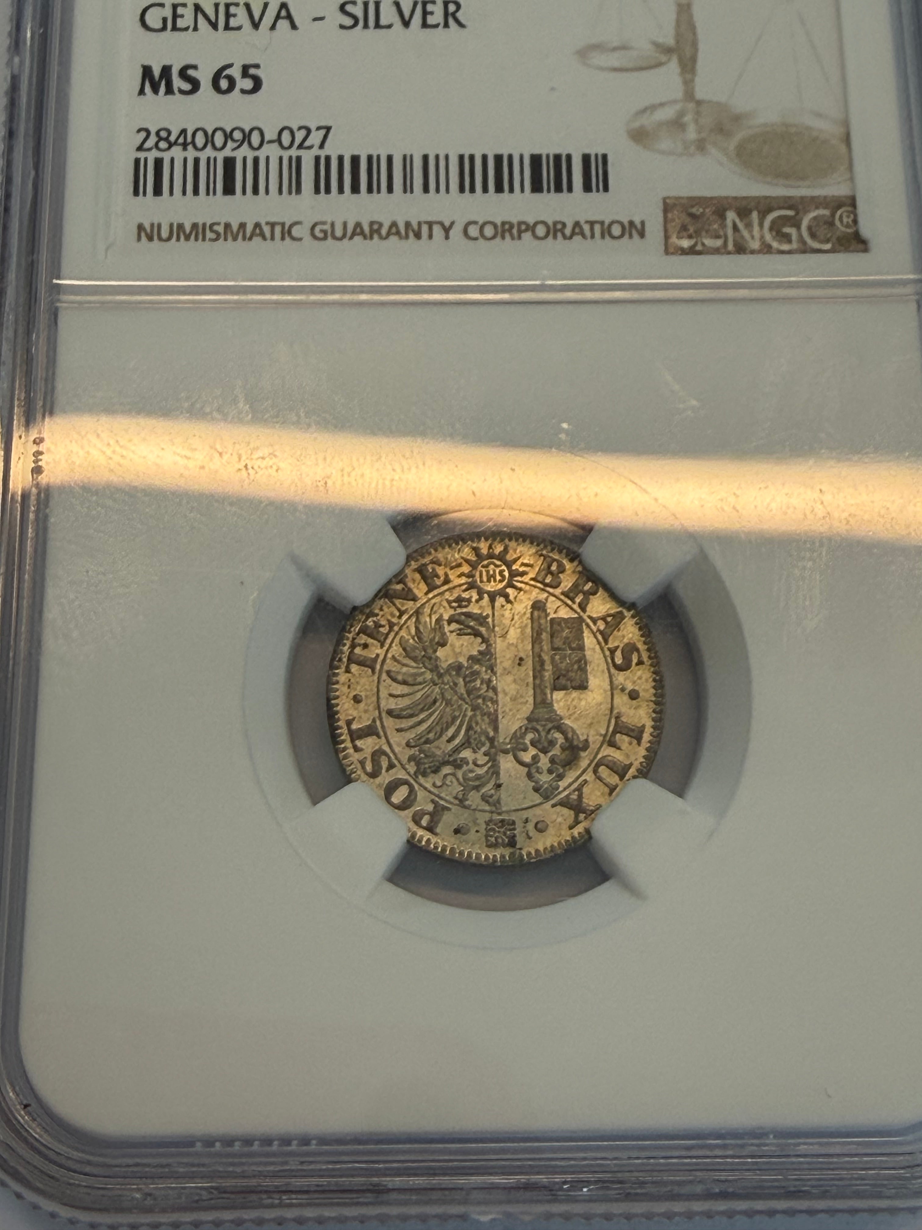 Schweiz Genf 5 Centimes 1840 | Äusserst seltener Silberabschlag | NGC MS65 Top Pop 3/0