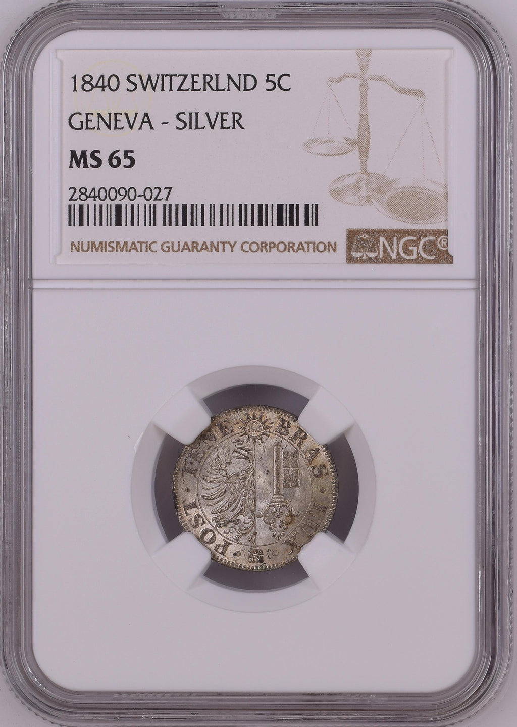 Schweiz Genf 5 Centimes 1840 | Äusserst seltener Silberabschlag | NGC MS65 Top Pop 3/0