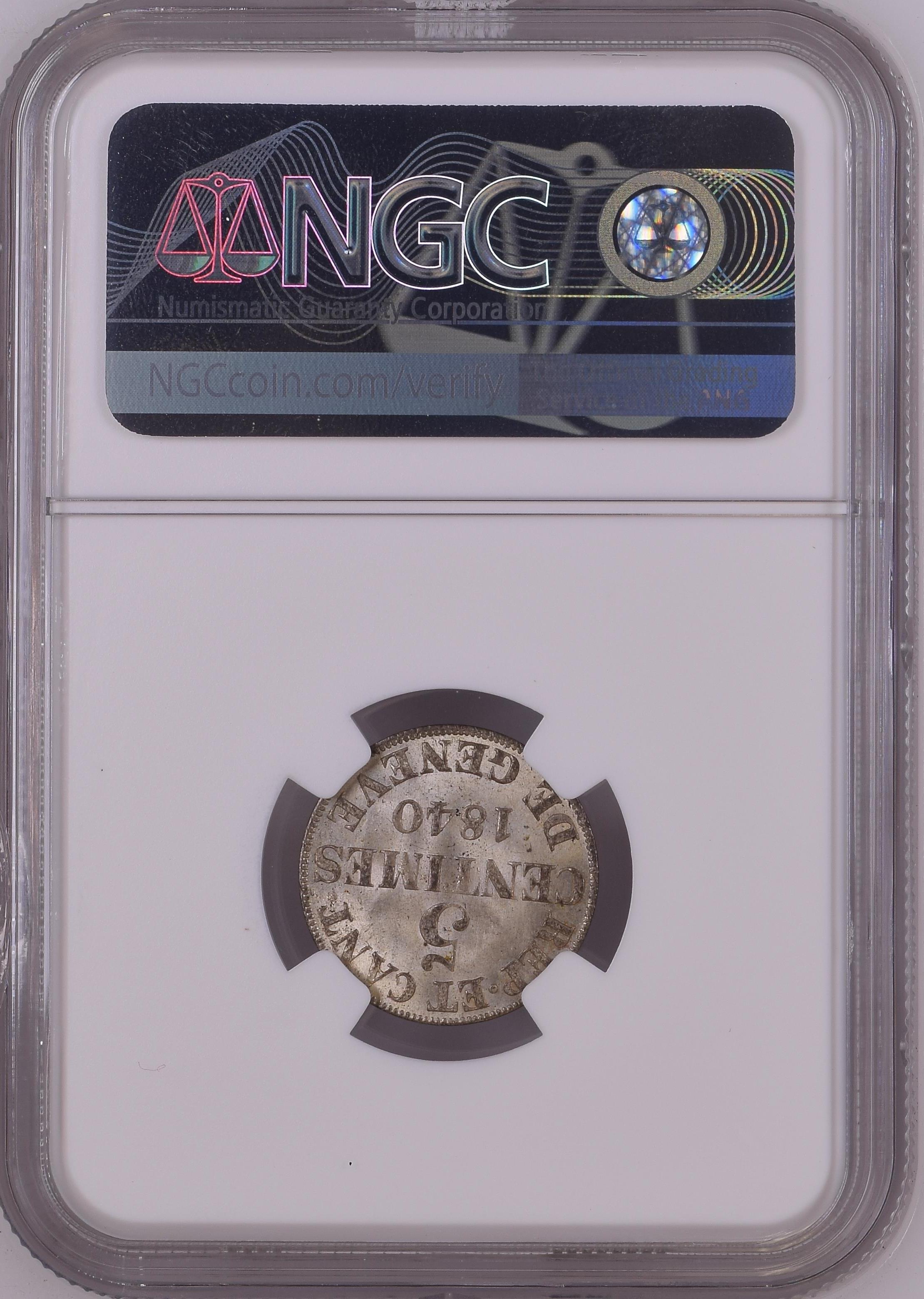 Schweiz Genf 5 Centimes 1840 | Äusserst seltener Silberabschlag | NGC MS65 Top Pop 3/0