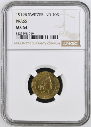 Schweiz 10 Rappen 1919 Messing | Kriegsnotprägung | NGC MS64 Kabinettstück