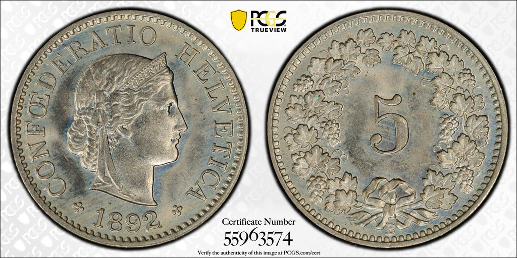 Schweiz 5 Rappen 1892 B | PCGS MS65 Kabinettstück nur 1 höher bewertet !