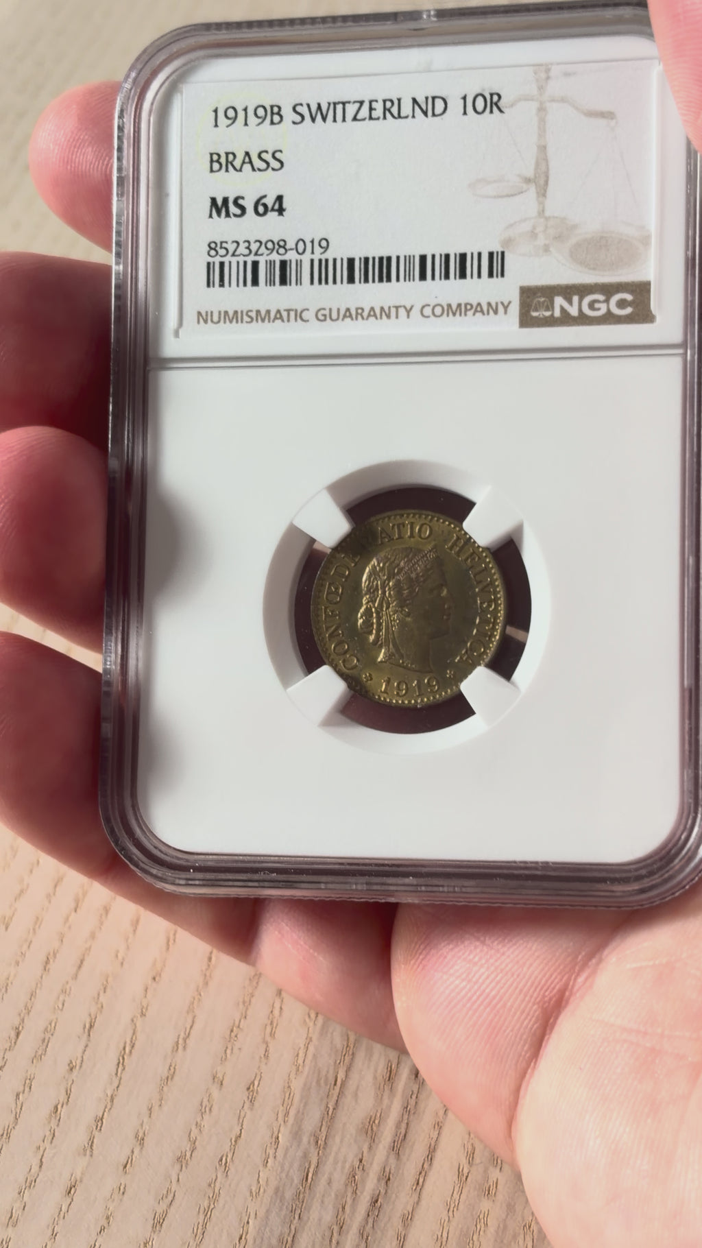 Schweiz 10 Rappen 1919 Messing | Kriegsnotprägung | NGC MS64 Kabinettstück