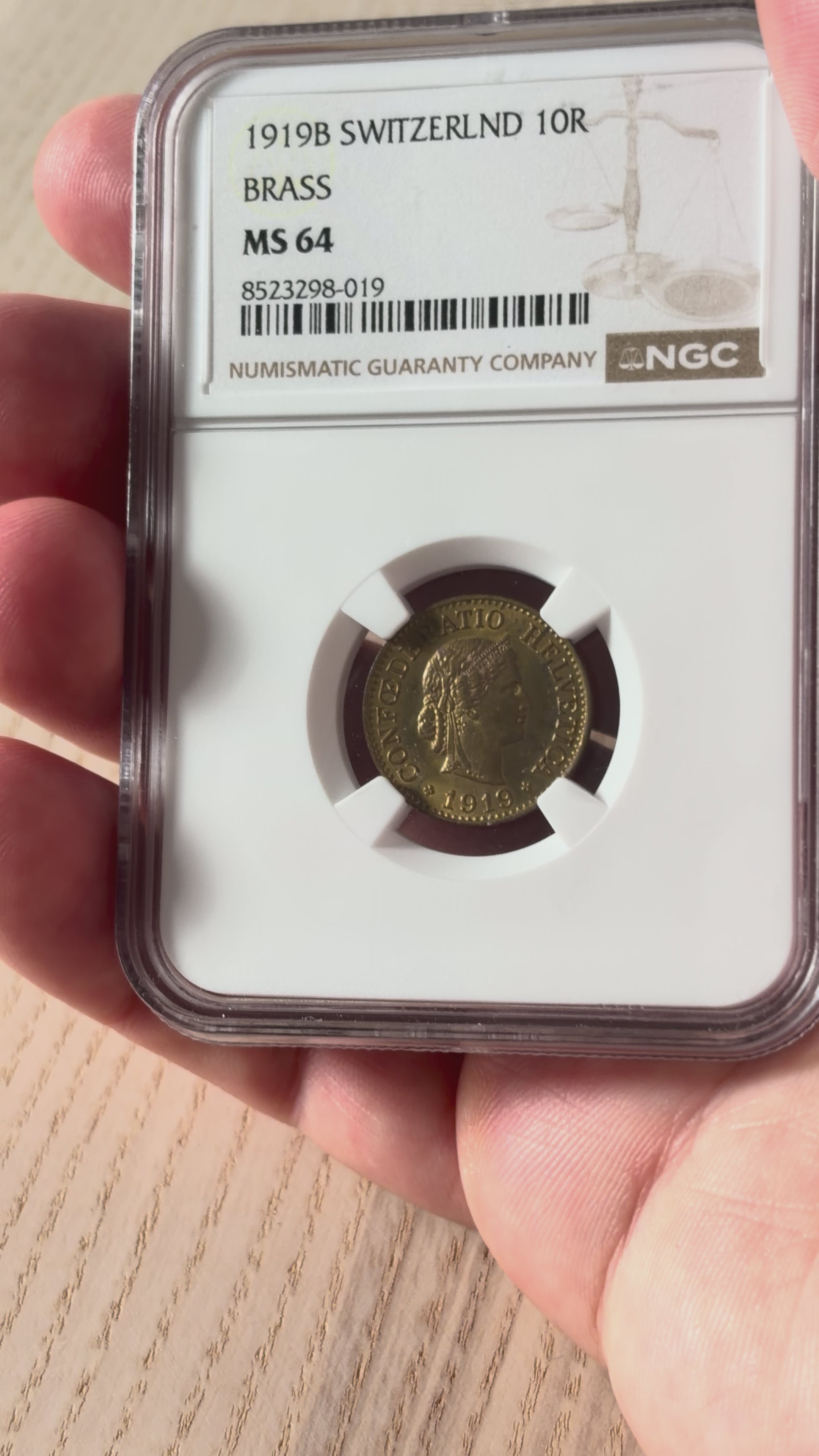 Schweiz 10 Rappen 1919 Messing | Kriegsnotprägung | NGC MS64 Kabinettstück