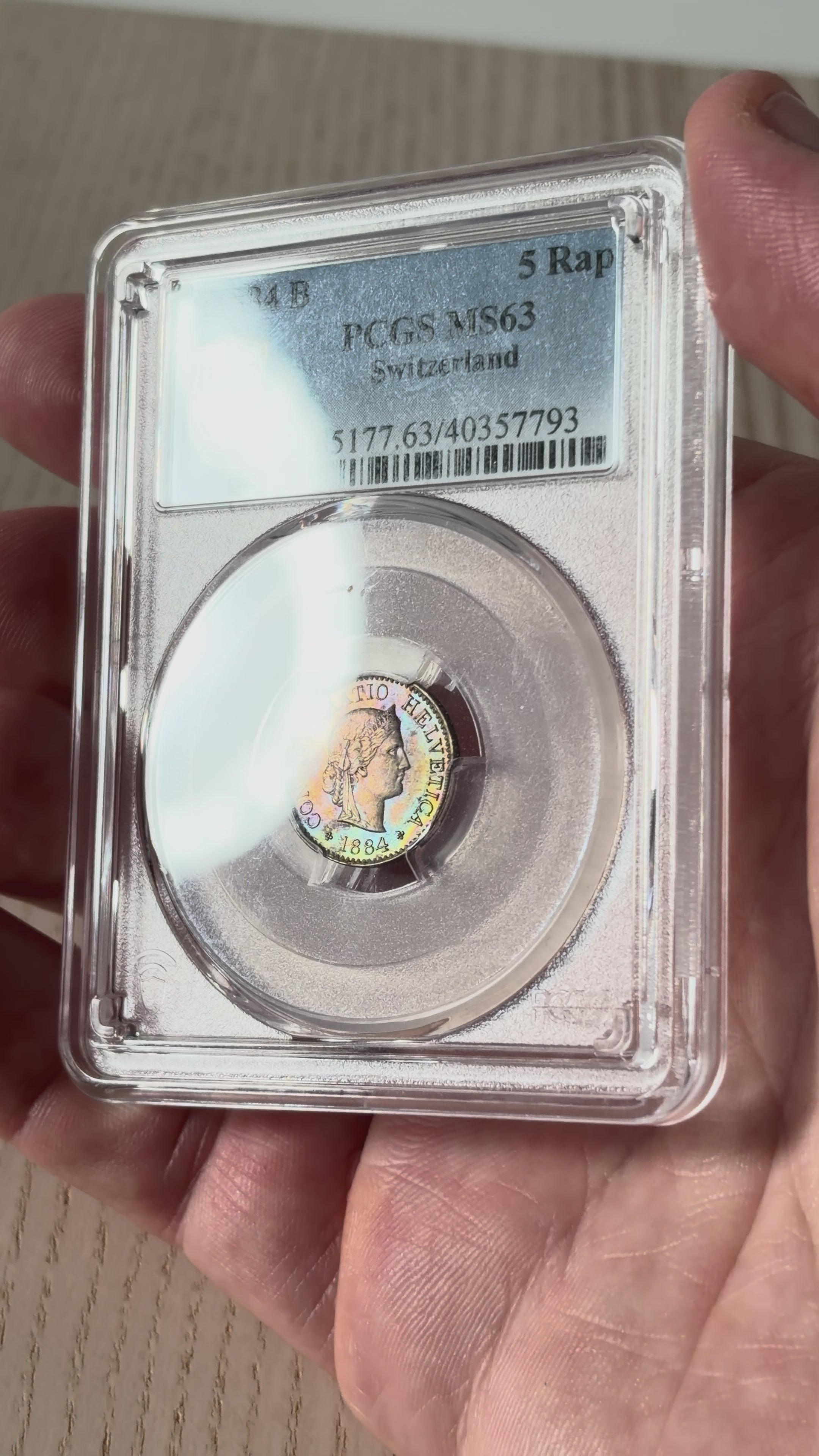 Schweiz 5 Rappen 1884 | Atemberaubendes Regenbogen-Toning | PCGS MS63 Kabinettstück