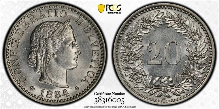 Schweiz 20 Rappen 1884 | Prachtvoller Reinnickel-Klassiker | PCGS MS63 Kabinettstück