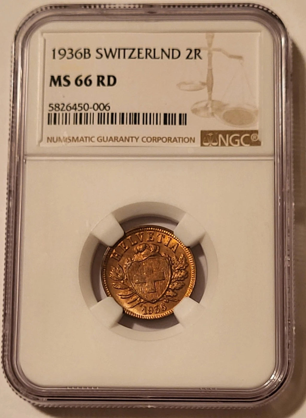 Schweiz 2 Rappen 1936 | Spektakuläres Kupferrot (RD) | NGC MS66 RD Kabinettstück