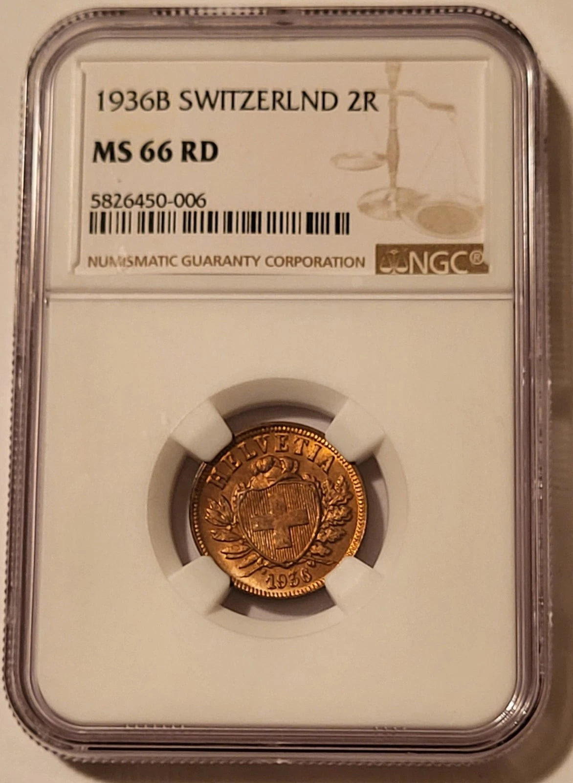 Schweiz 2 Rappen 1936 | Spektakuläres Kupferrot (RD) | NGC MS66 RD Kabinettstück