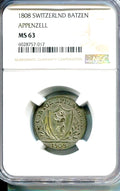 Schweiz Appenzell Ausserrhoden 1 Batzen 1808 | NGC MS63 Kabinettstück, nur zwei besser bewertet