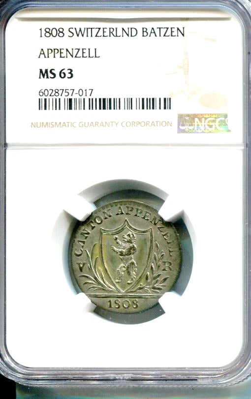 Schweiz Appenzell Ausserrhoden 1 Batzen 1808 | NGC MS63 Kabinettstück, nur zwei besser bewertet
