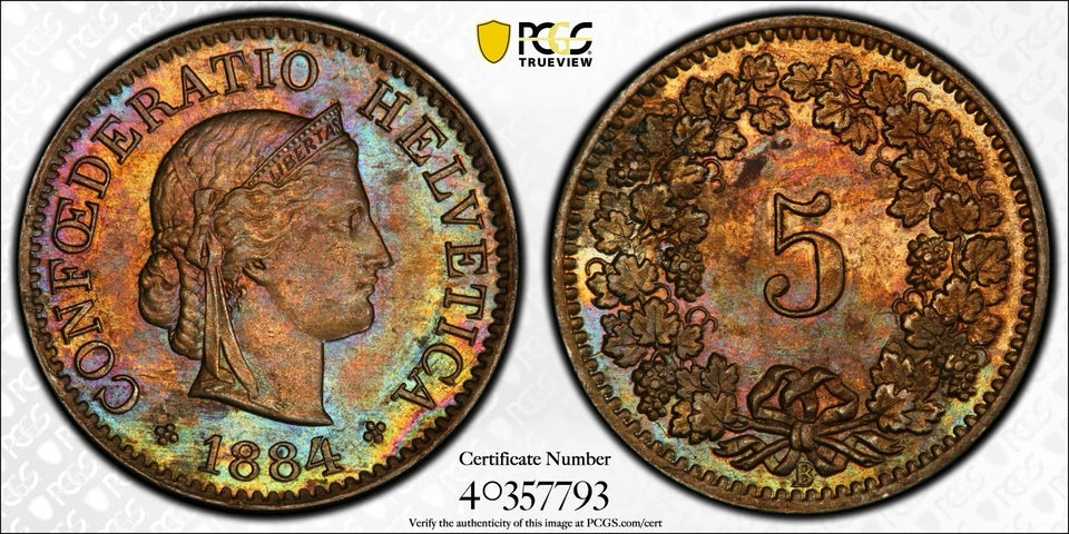 Schweiz 5 Rappen 1884 | Atemberaubendes Regenbogen-Toning | PCGS MS63 Kabinettstück